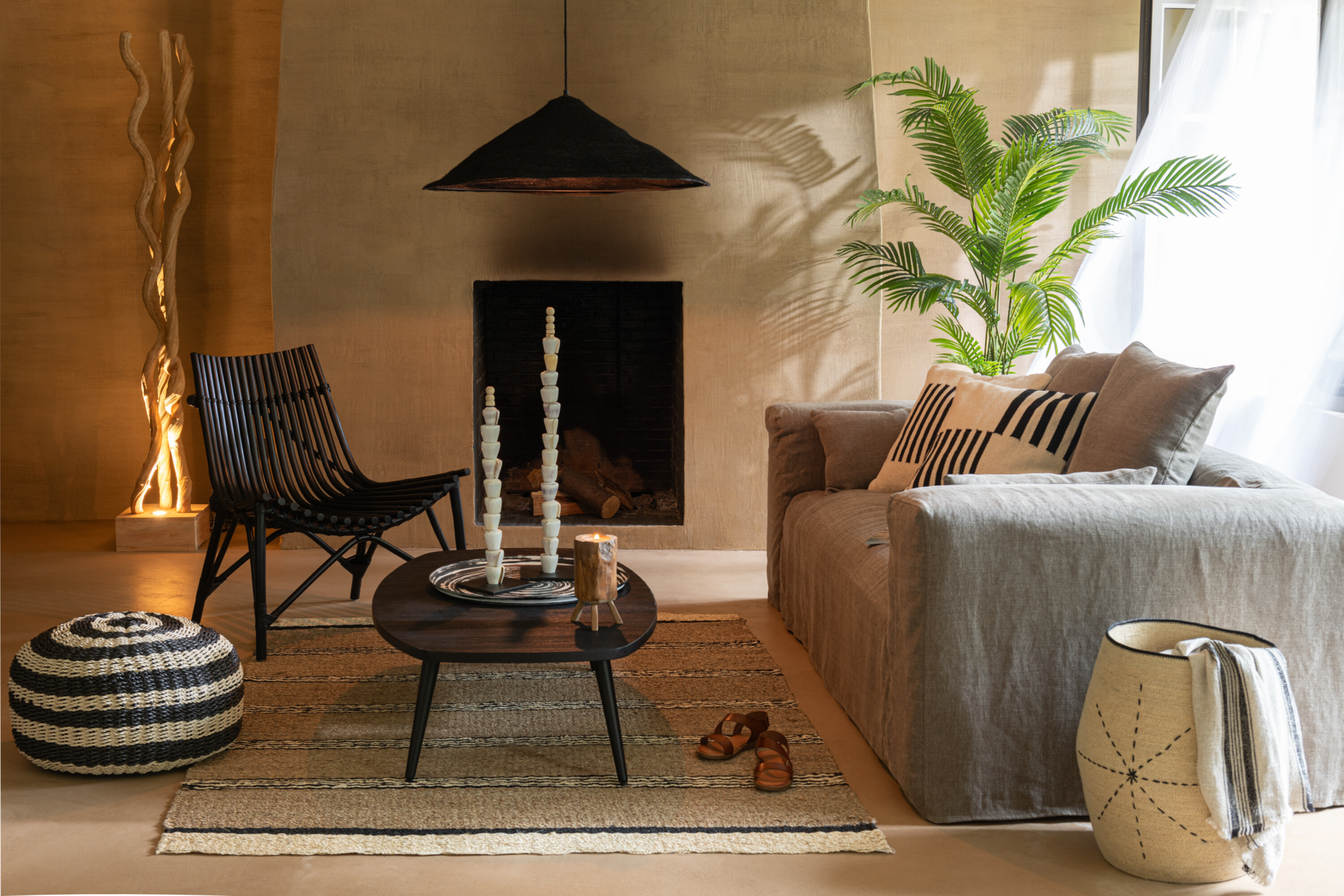 Pouf Roundabout gestreept zwart naturel
