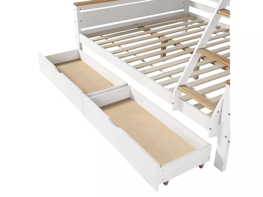 Lit superposé 90x200cm & 140x200cm - avec échelle、étagères et 2 tiroirs - en bois de pin et MDF - Blanc