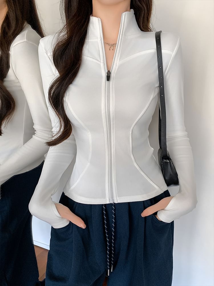 Trendycas - Effen cropped jack met opstaande kraag en rits