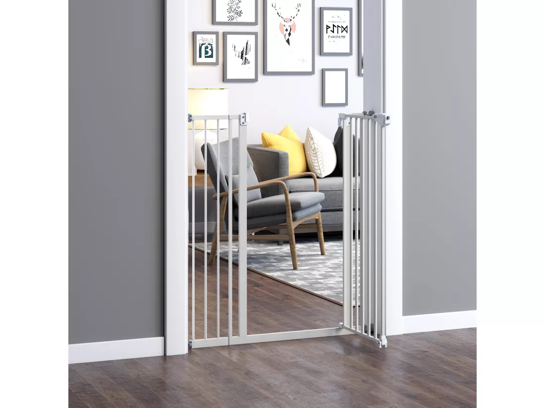 Barrière de sécurité longueur réglable dim. 74-84 cm ou 92-102 cm sans perçage métal plastique blanc