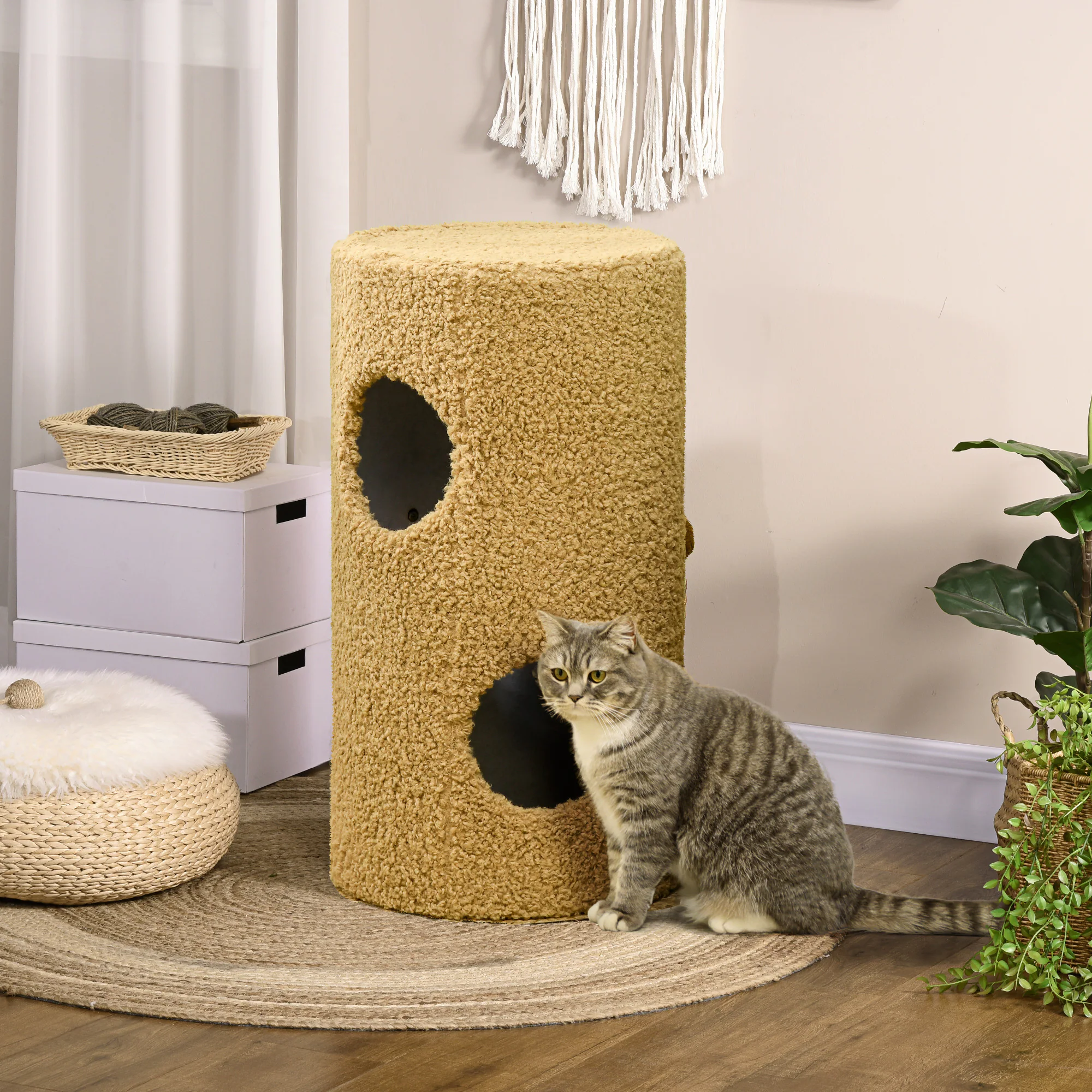 PawHut Kratztrommel mit Katzenmatte braun 35L x 35B x 66H cm