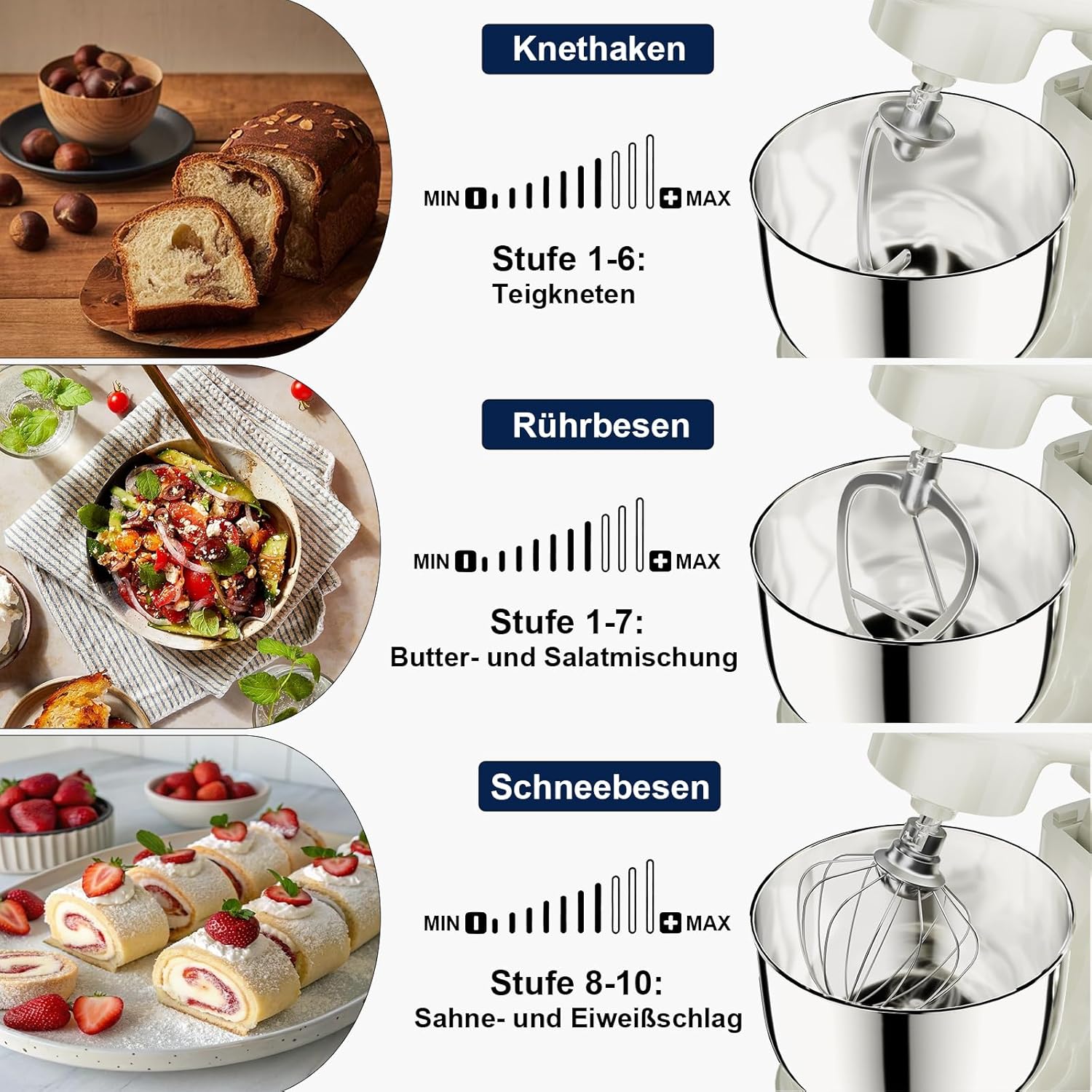 Camic Küchenmaschine mit 3 Zubehörteilen (Knet, Rühr, Schneebesen), Teigmaschine mit LED-Display, Zeit einstellen, 10 Geschwindigkeitsstufen, 2 Edelstahlschüsseln 4L+5L, für Teig, Brot, Pizza, Kuchen