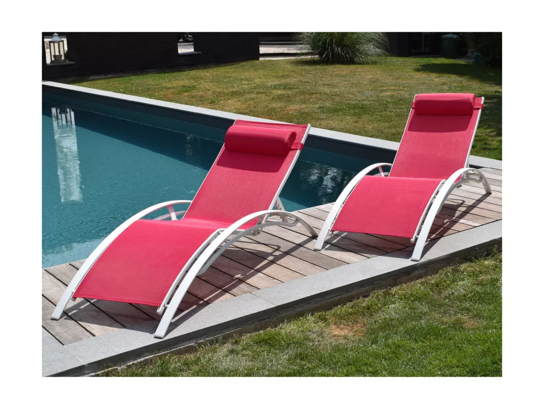 Lot de 2 transats GALAPAGOS en textilène rose - aluminium blanc - HAPPY GARDEN