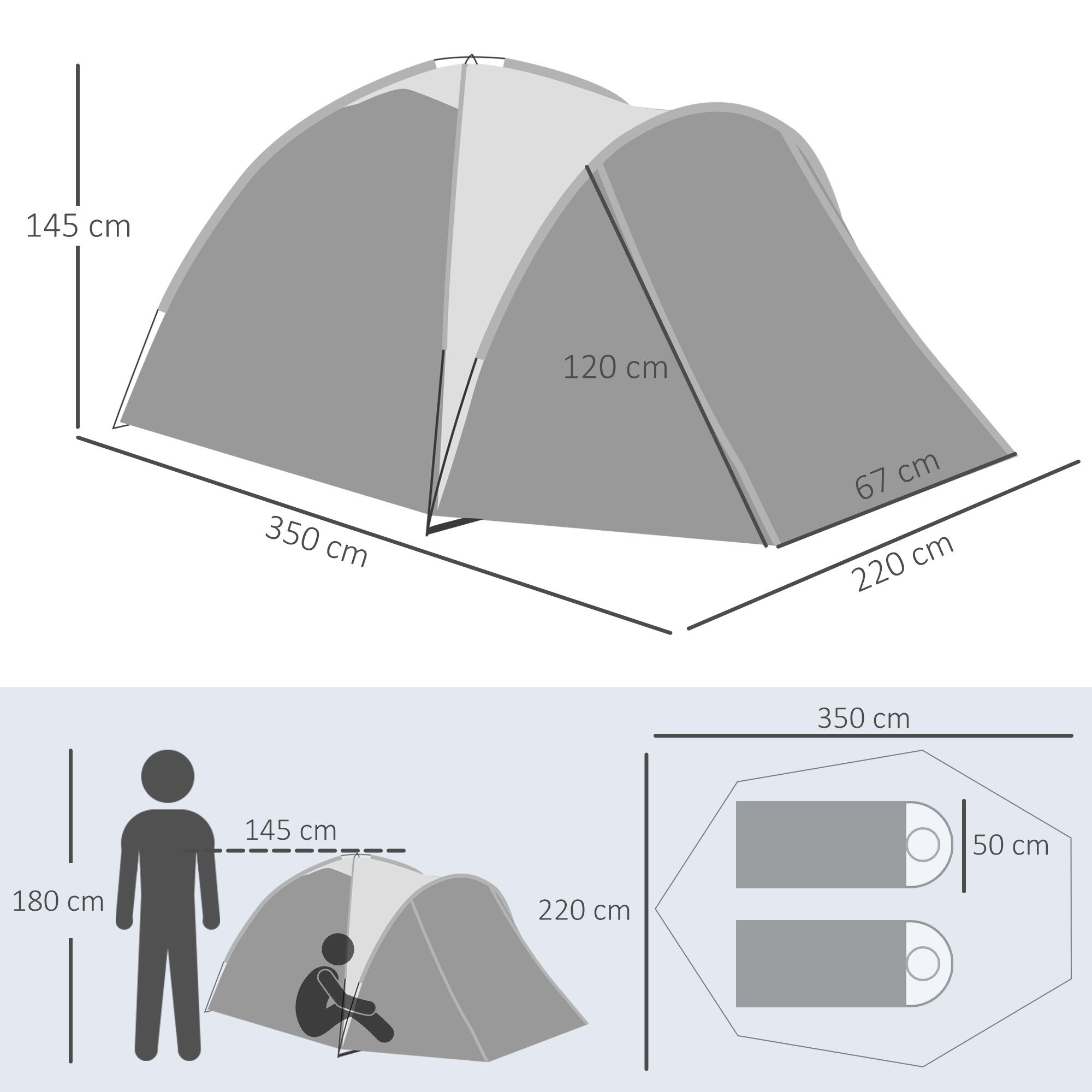 Outsunny Campingzelt mit Meshfenster grau 350L x 220B x 145H cm