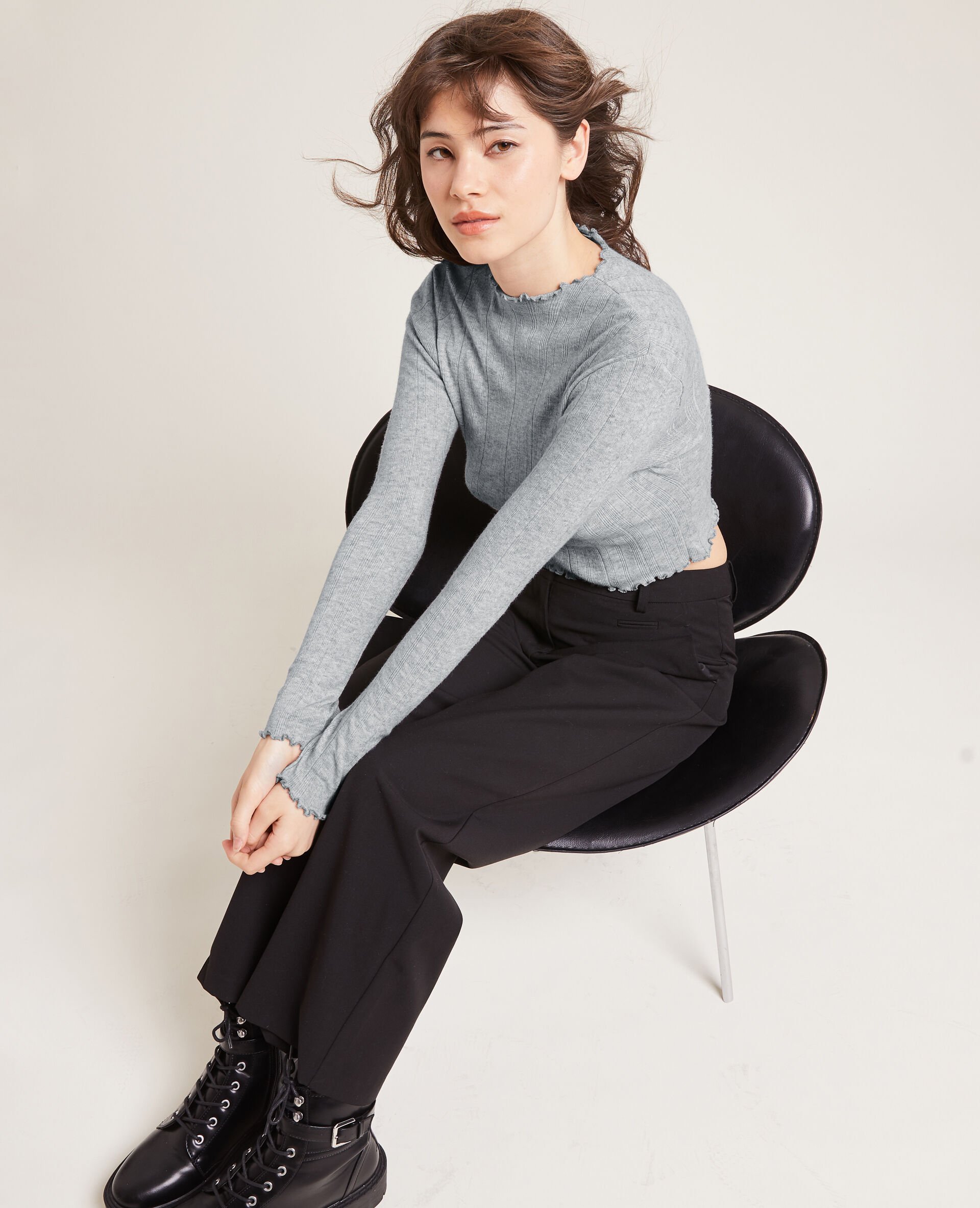 Pull maille fine côtelée - Gris clair