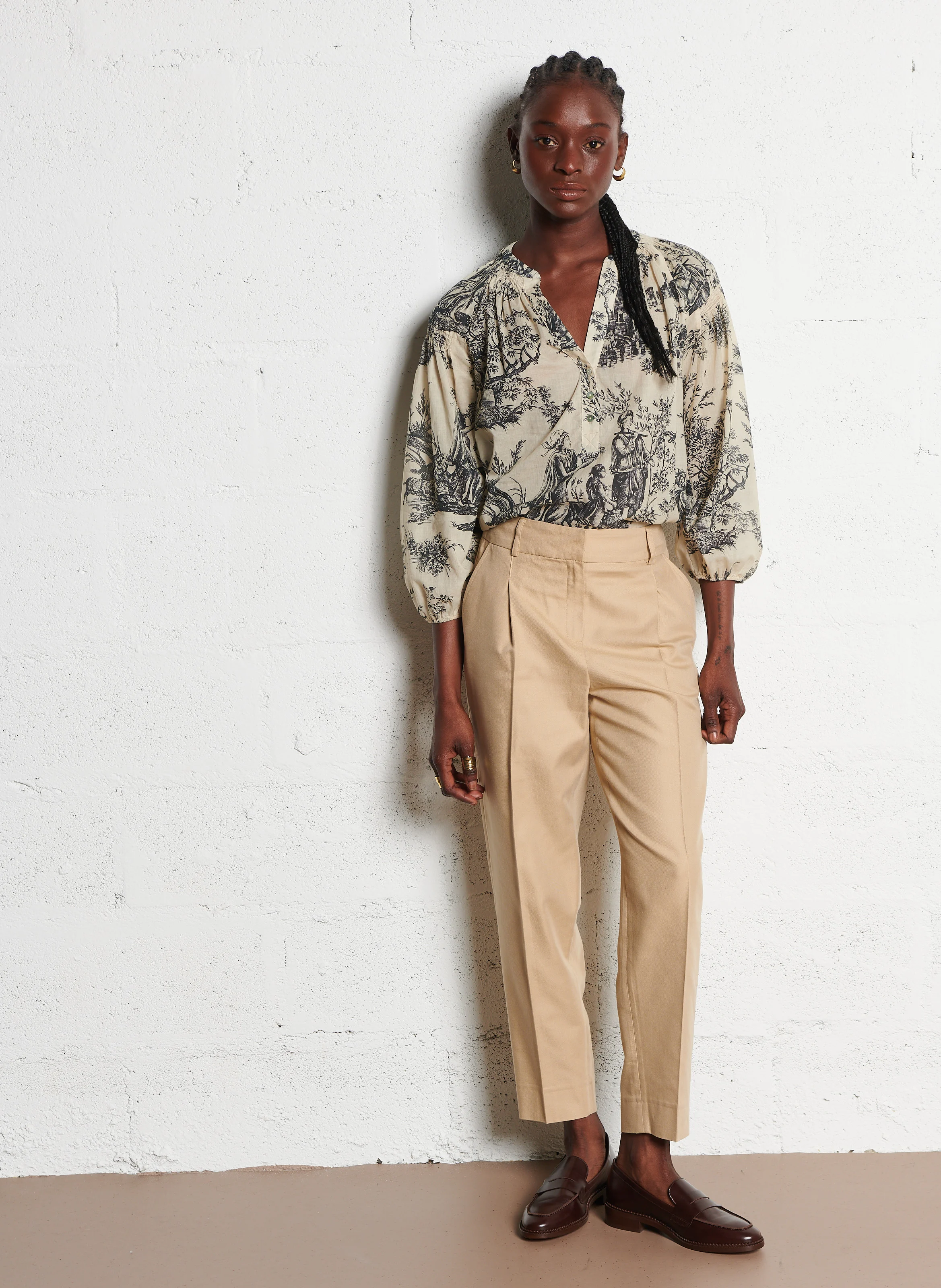 FLAVIE - Pantalon à pinces en coton mélangé | Beige