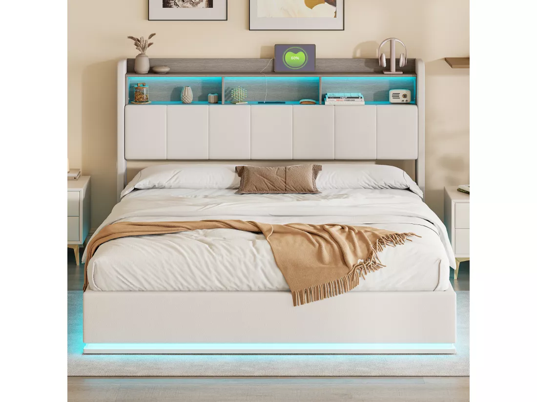 Lit coffre double 160 x 200 cm, tête de lit avec rangements et bande lumineuse LED, chargement USB, velours blanc, sommier à lattes, structure en métal, lit tapissé hydraulique - Blanc