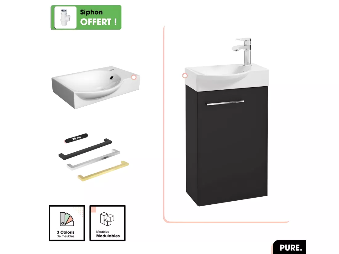Meuble lave-mains avec vasque - Siphon OFFERT | PURE | Noir | 39 × 60 × 22