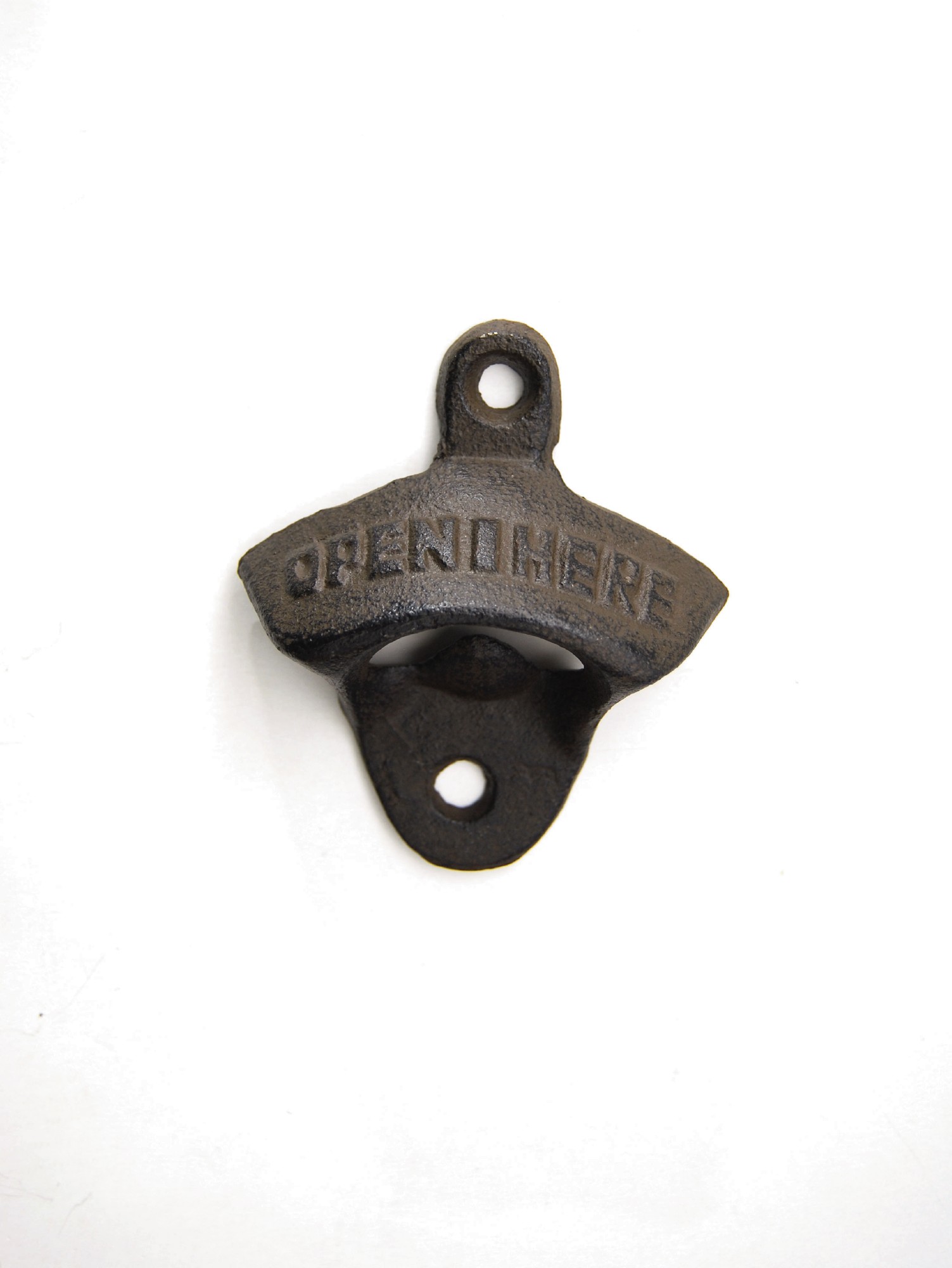 Flaschenöffner 'Open Here', zur Wandfixierung, aus Gusseisen, B 6,5 cm, H 7,5 cm zu 4,00