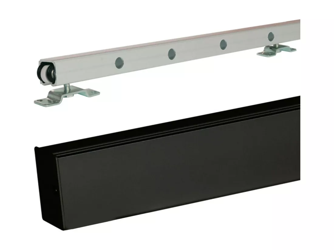 Porte Coulissante Atelier Blanc Vitre Depoli H204 X L73 + Rail Alu Bandeau Noir Et 2 Coquilles Gd Menuiseries