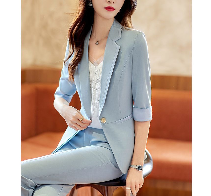 Princess Min - Set: 3/4-mouw effen blazer met één knoop + taps toelopende pantalon