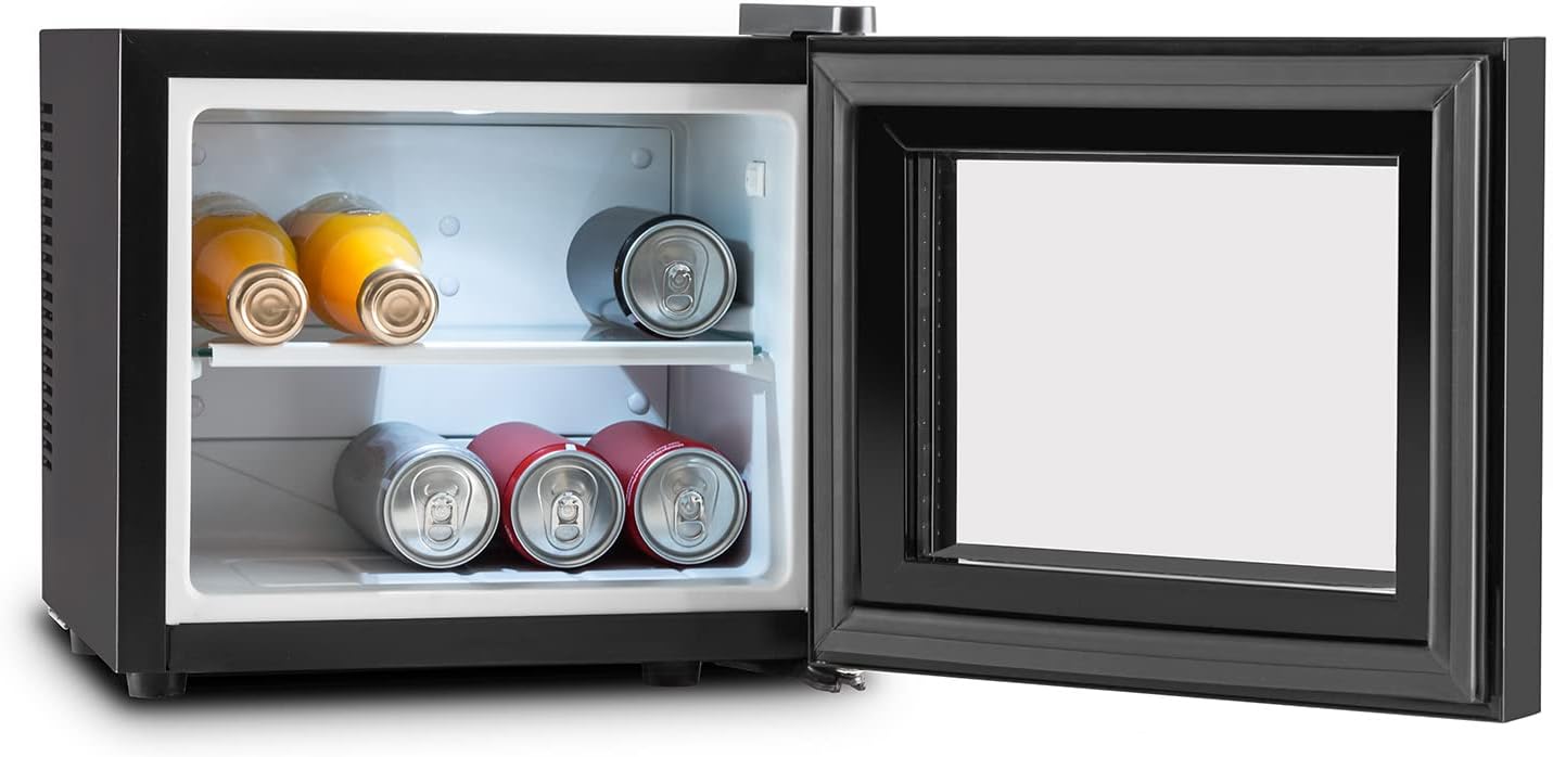 Klarstein Frosty Mini-Kühlschrank - kompakte Minibar mit Thermoelektrischem Kühlsystem, freistehend, 10 Liter Fassungsvermögen, Kühlung: 12-18 °C, schwarz, 33,4 x 30,3 x 31,5 cm (BxHxT)