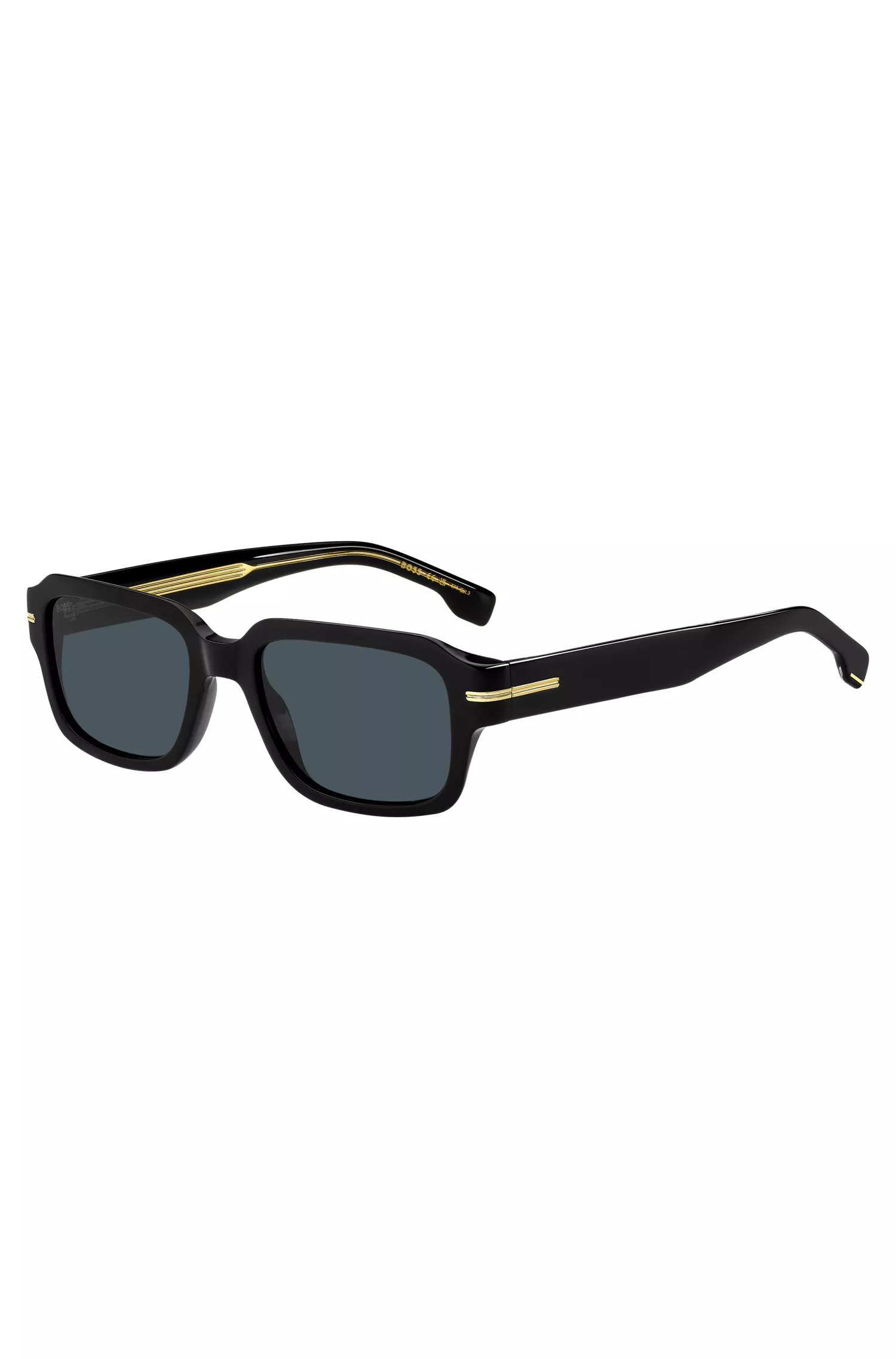 Óculos de sol BOSS em acetato preto com detalhes em dourado.