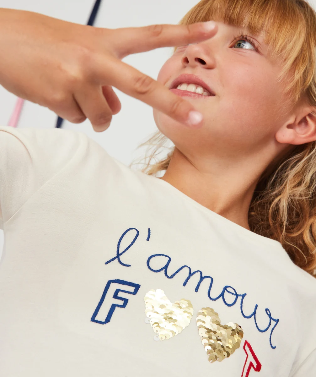 T-SHIRT FILLE EN COTON BIO ÉCRU THÈME FOOTBALL