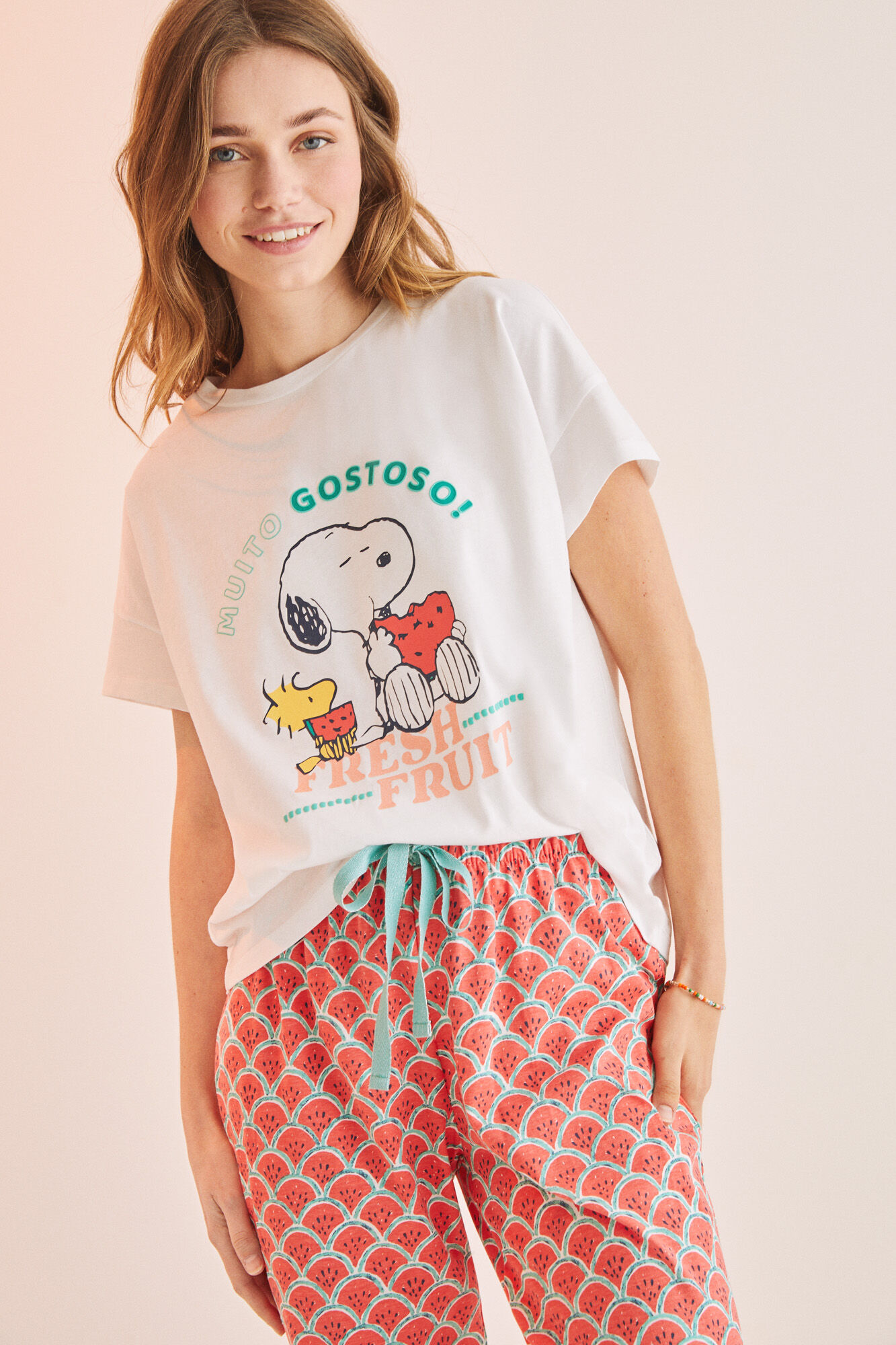 Pijama do Snoopy, 100% algodão, estampa de melancia - bege