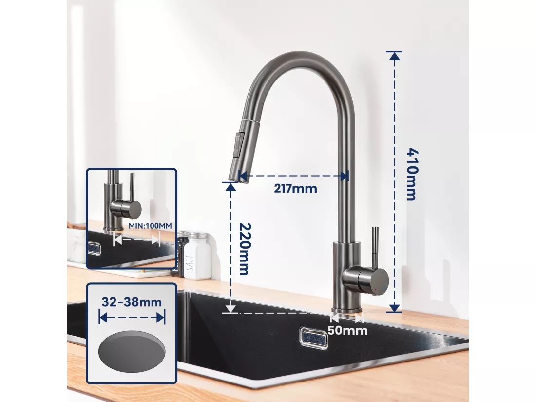 LONHEO MAX Mitigeur de Cuisine Gris 7-Forme avec 2 Fonctions Douchette Extractible Robinet d'évier Rotatif à 360° en Inox avec Barboteur démotable