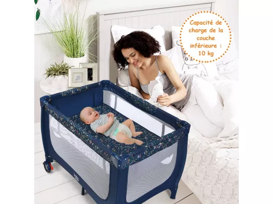 Lit Parapluie Pliant Bébé 0-36 Mois 3 en 1 avec Matelas Roulettes Sac de Transport Charge Max 15KG Gris 125 x 65 x 76CM（Bleu)