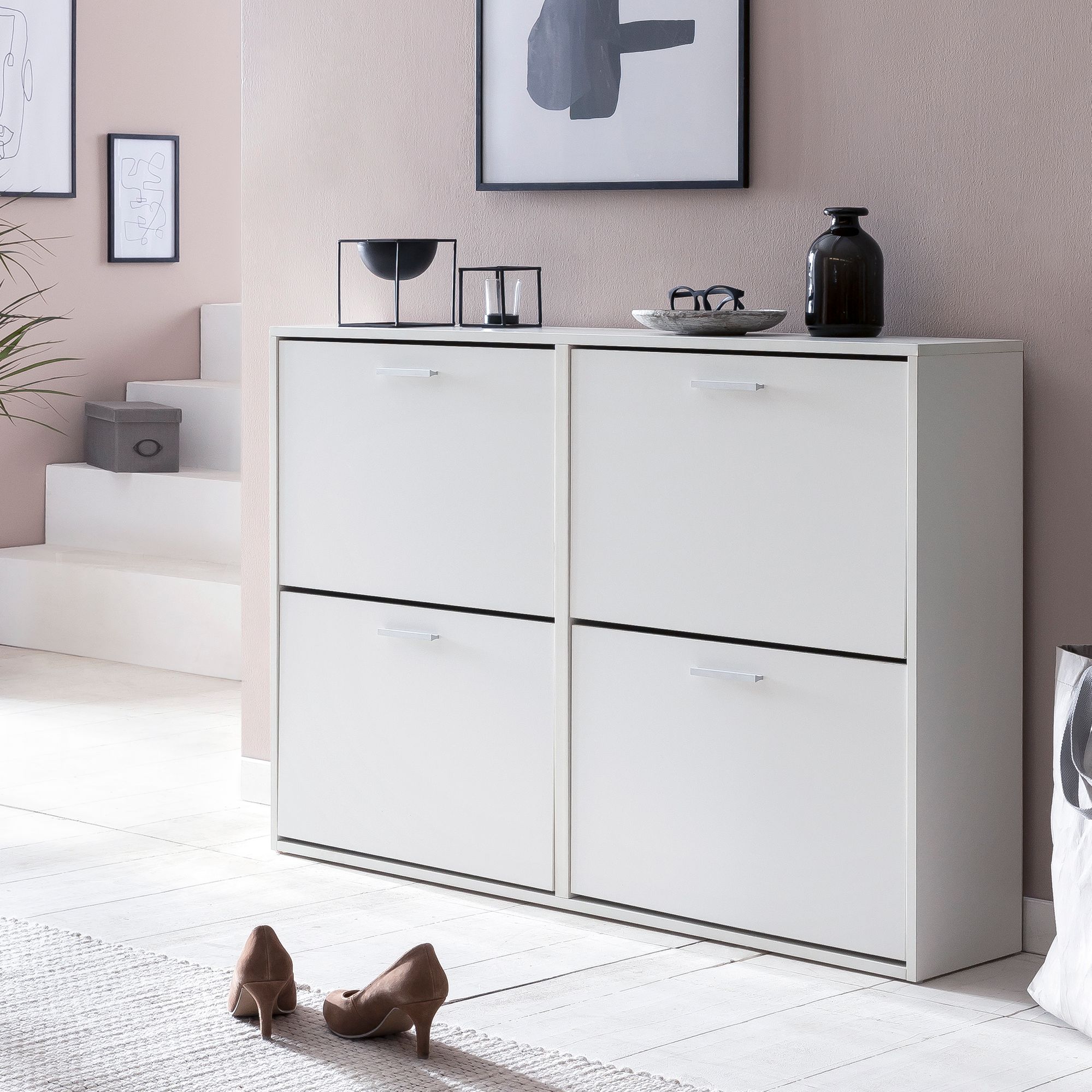KADIMA DESIGN Schuhschrank NIDDA Holz: Zeitloses Design, große Ablagefläche, 4 Klapptüren, 8 Schuhablagen, einfacher Aufbau.