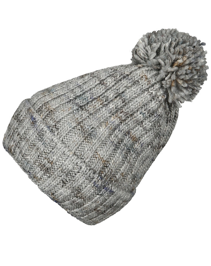 Bommel-Strickmütze HAPPY DENIM mit Schurwolle in hellgrau melange/wollweiß