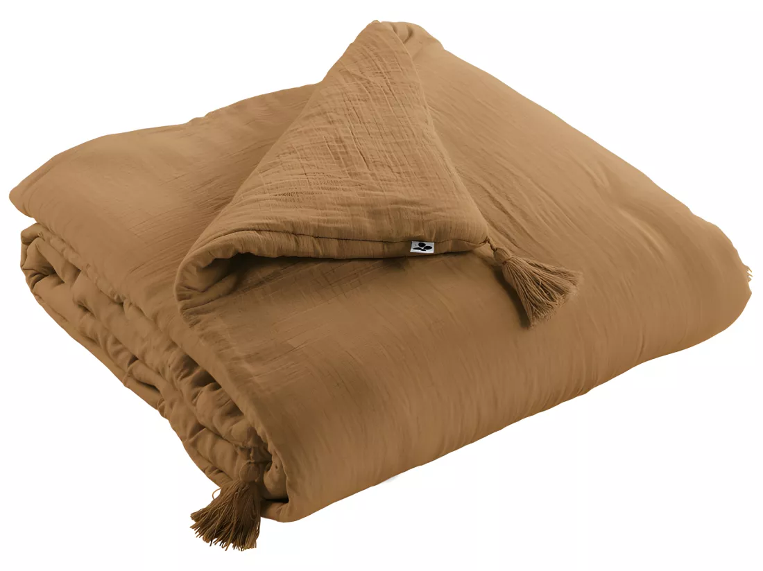 Édredon 150 x 150 cm en gaze de coton camel avec 4 pompons - PEPA