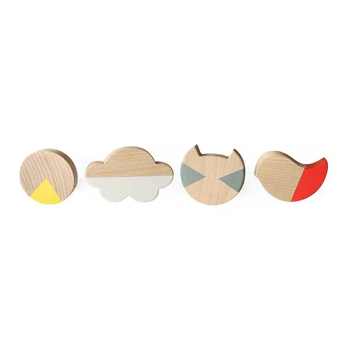 Briki Vroom Vroom Patères rond, nuage, chat, oiseau en bois peints - Lot de 4