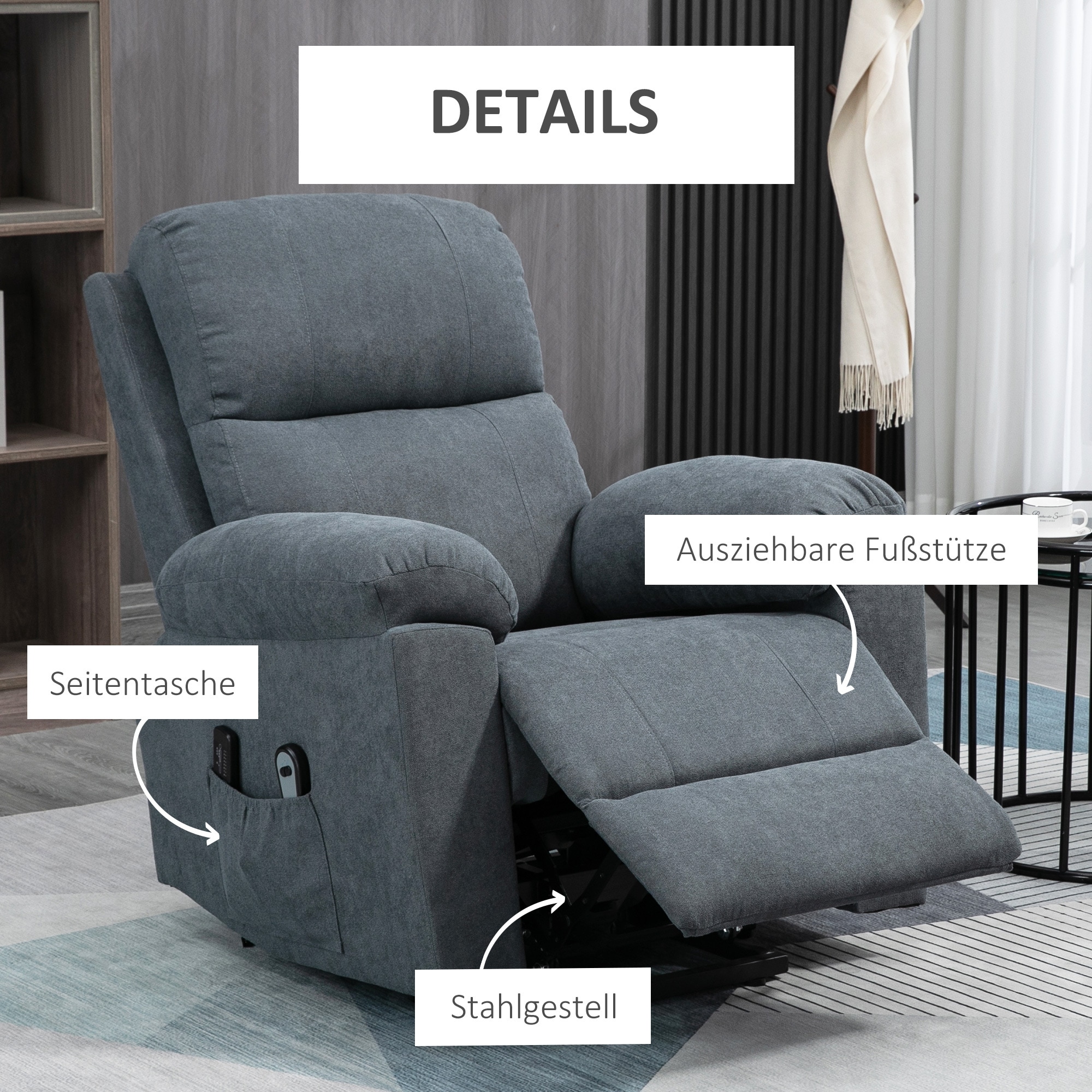 HOMCOM Relaxsessel mit Aufstehhilfenfunktion und 8 Massagemotoren grau 89L x 99B x 103H cm