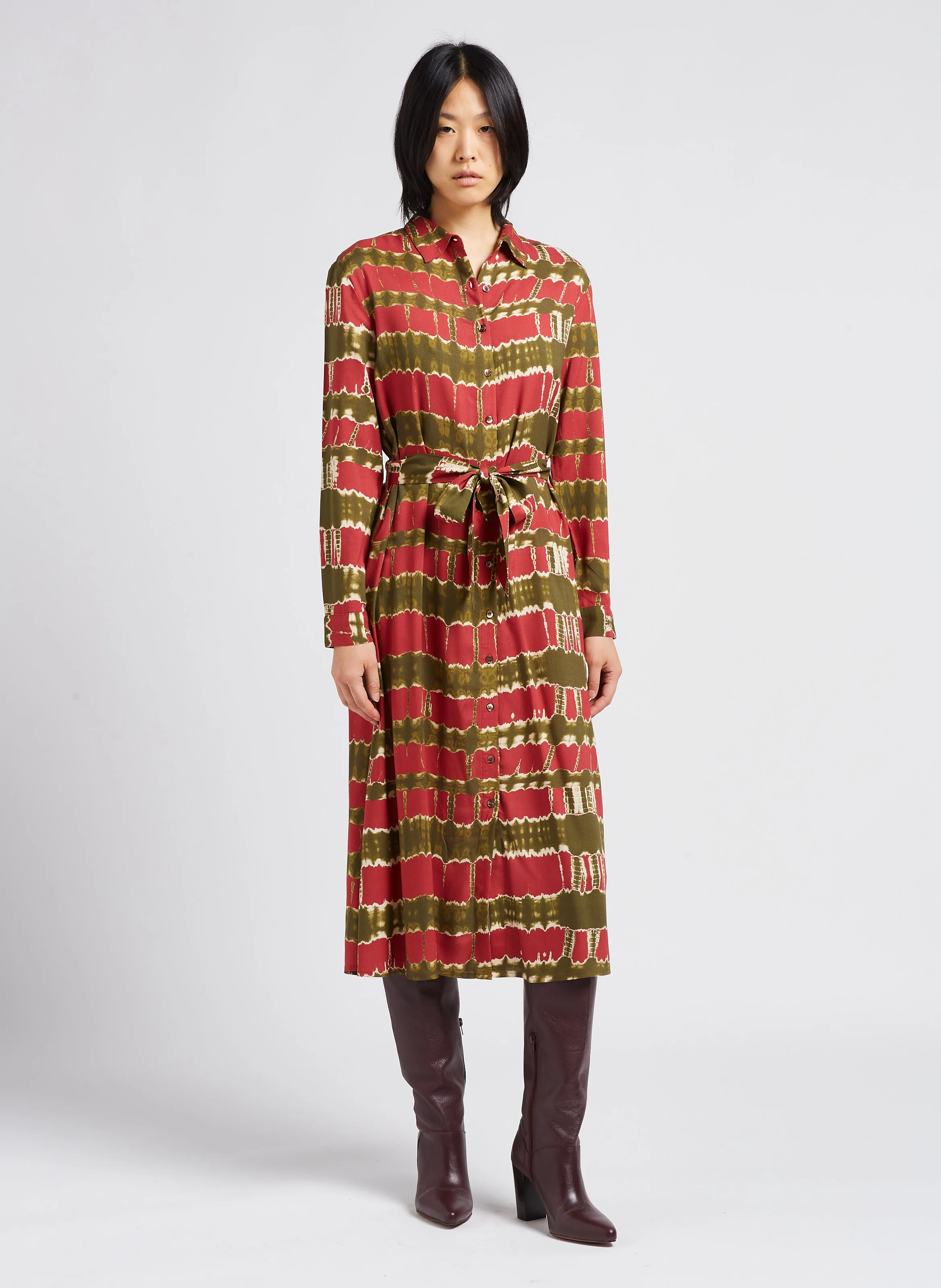 GAIA - Robe midi col classique imprimé tiedye | Rose