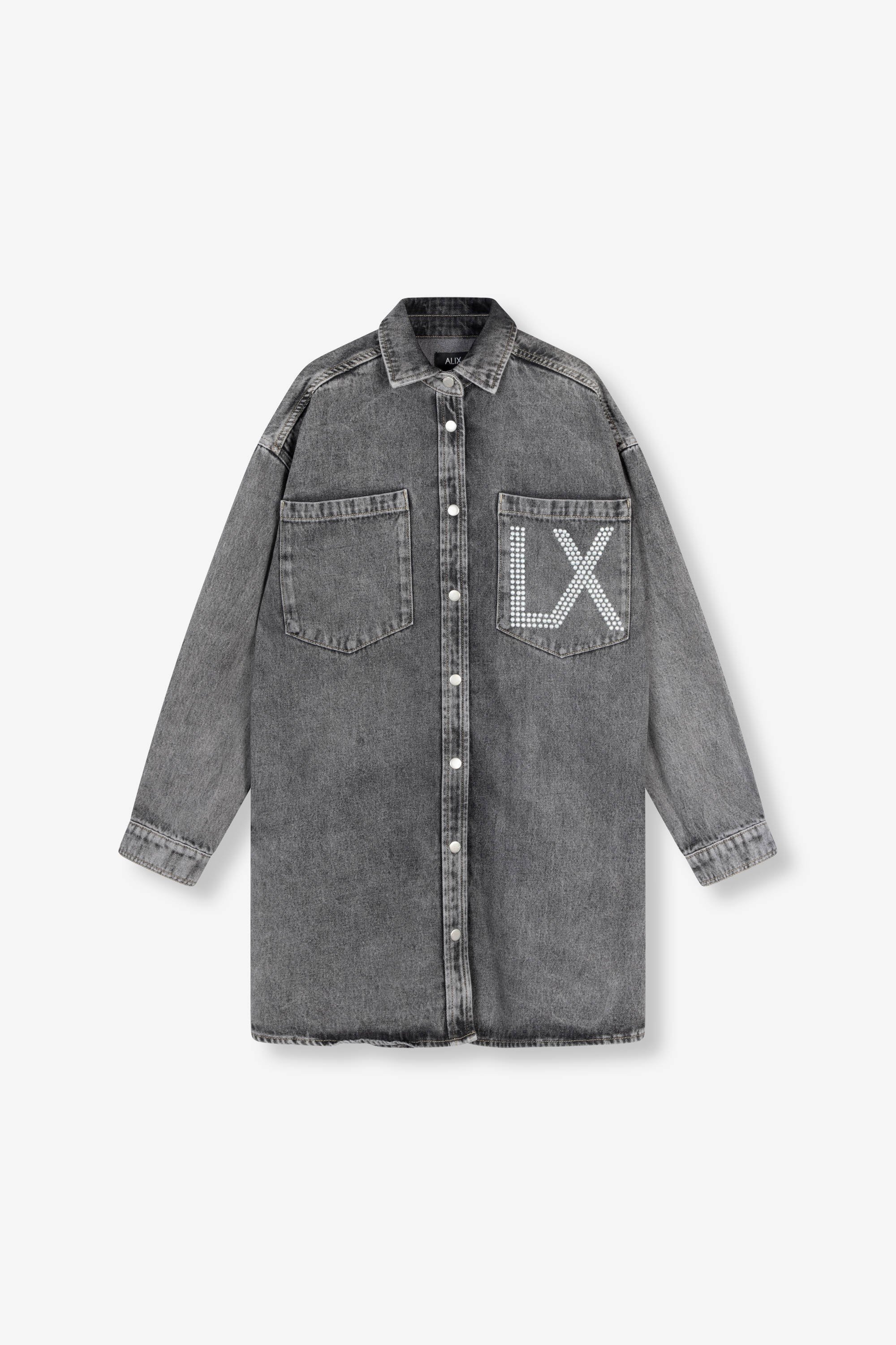 Alix the Label spijkerjurk met logo en strass steentjes grey denim