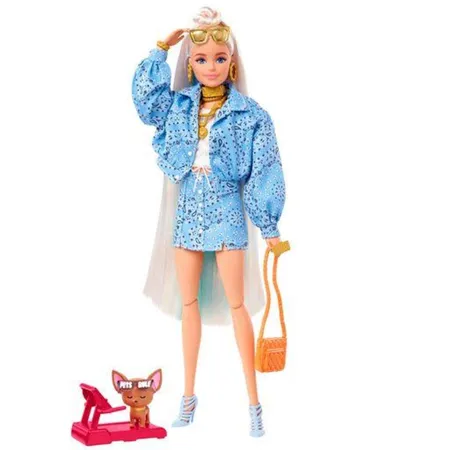 Barbie Extra Puppe (blond) mit hellblauem Rock & Jacke, Hund & Zubehör