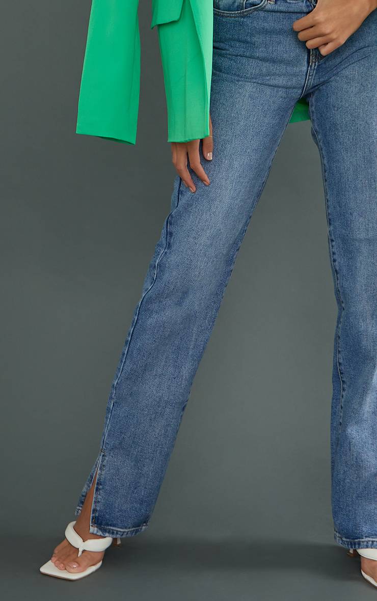 Bleu Jean Taille Haute Délavage Vintage Ourlet Fendu Coupe Longue