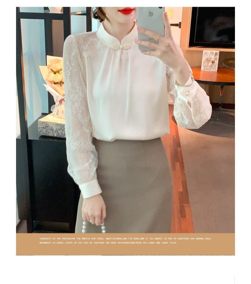 Yohana - Blouse met lange mouwen, mandarijnkraag en kantpaneel