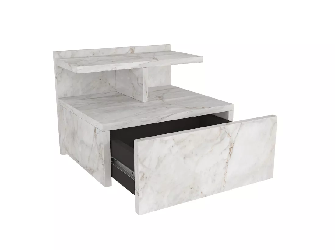 Table de chevet suspendue - 1 tiroir - Effet marbre blanc - AZELNO