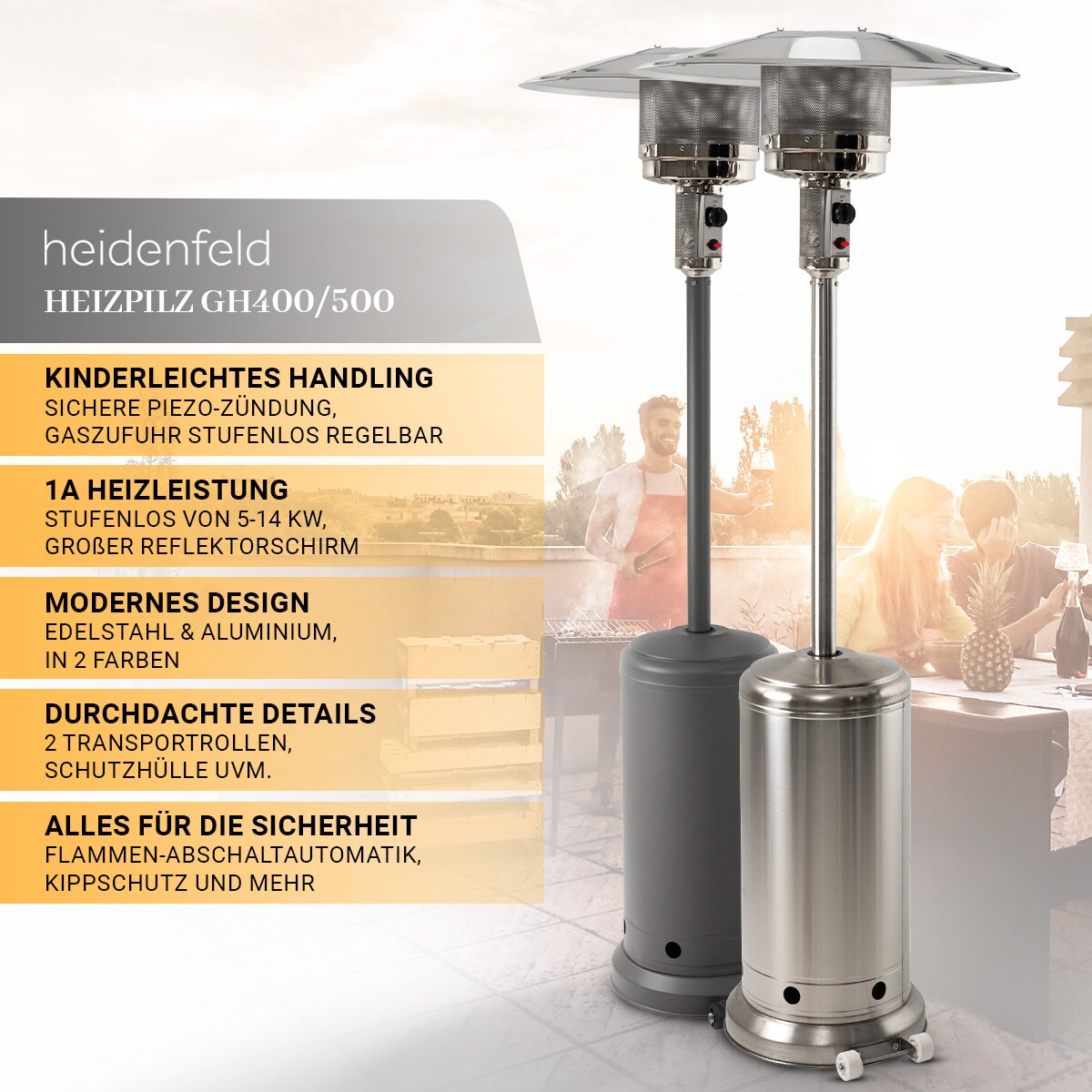 Heidenfeld Heizpilz Inferno GH400/500, Gasheizstrahler, stufenlos, 5-14kW, Kippschutz, Piezo-Zündung (Schiefergrau )