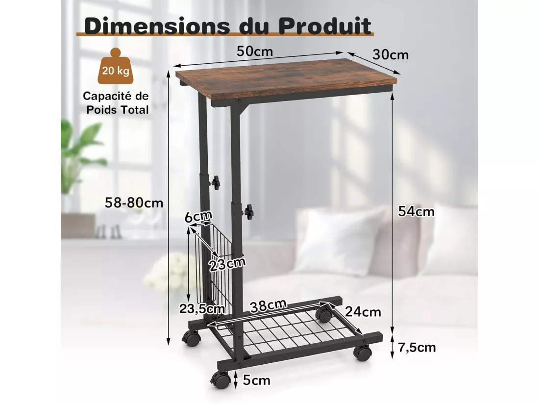 Table d'appoint à roulettes, avec porte-revues,hauteur réglable 58-80 cm(marron rustique)