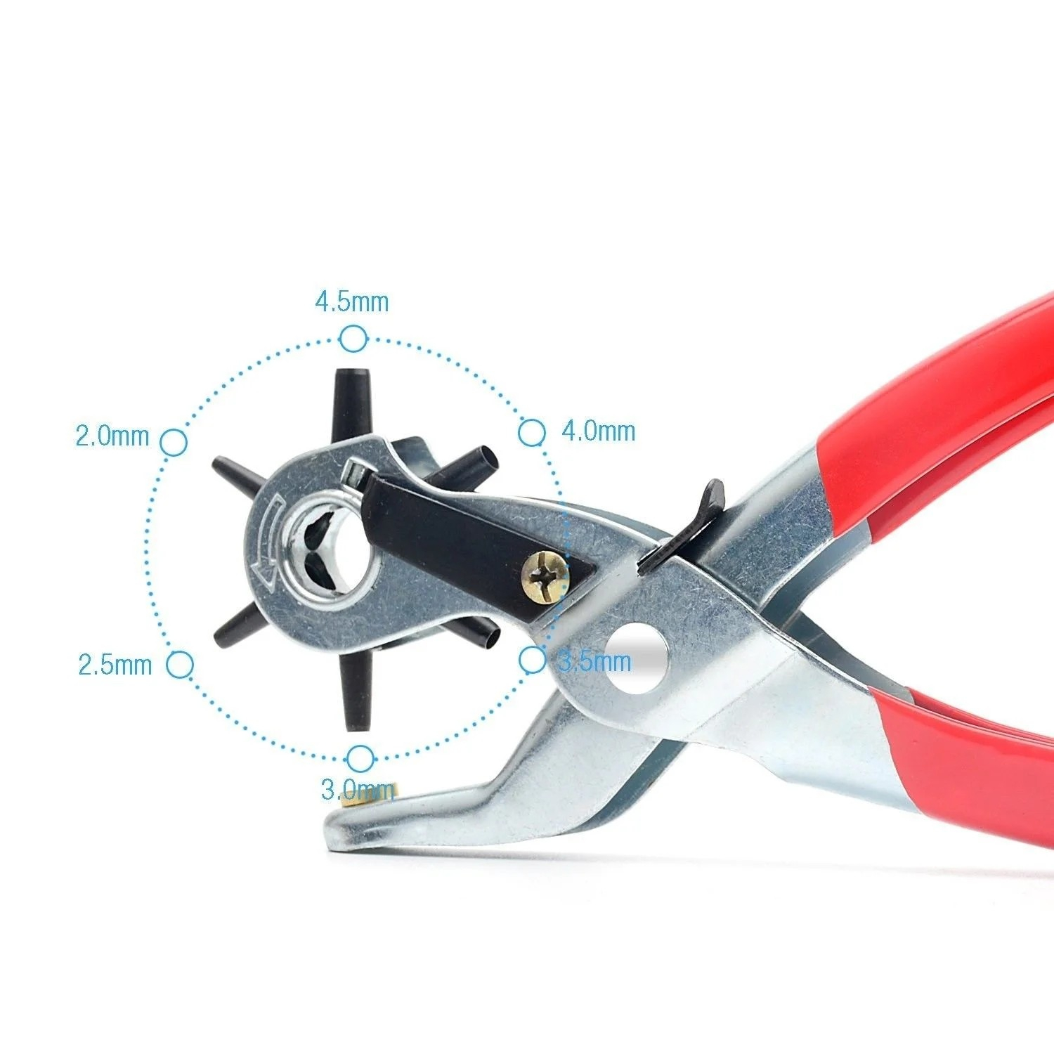 Stahl Revolver Lochzange Gürtellochzange mit Hebelübersetzung für Leder / Stoff / Pappe - Silber / Rot