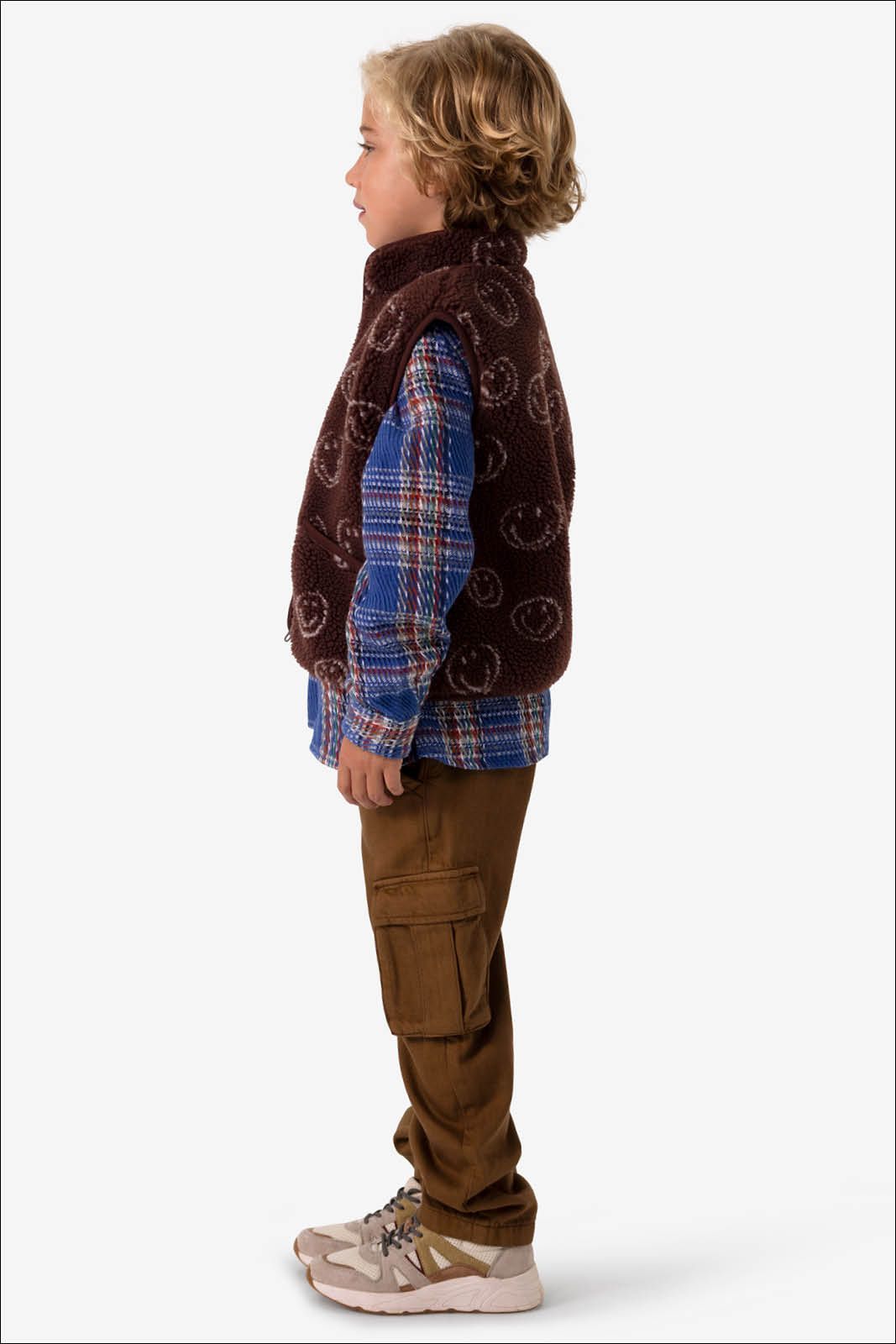 Donkerbruin teddy gilet met smileyprint