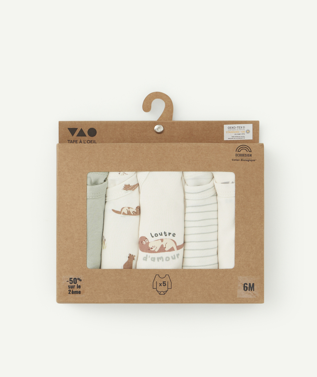 LOT DE 5 BODIES BÉBÉ GARÇON EN COTON BIO THÈME LOUTRES