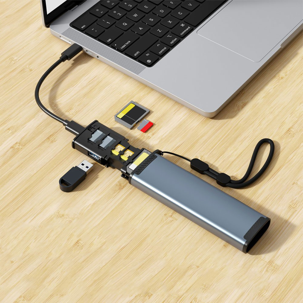 USB C Alu Kartenlesegerät Card Reader für SD und MicroSD Speicherkarten inkl. 2x Aufbewahrungs-Plätze für SIM-Karten   USB Adapter 2.0 - Grau