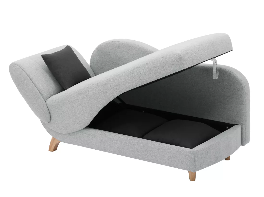 Méridienne droite convertible en tissu gris clair avec coffre de rangement PENELOPE