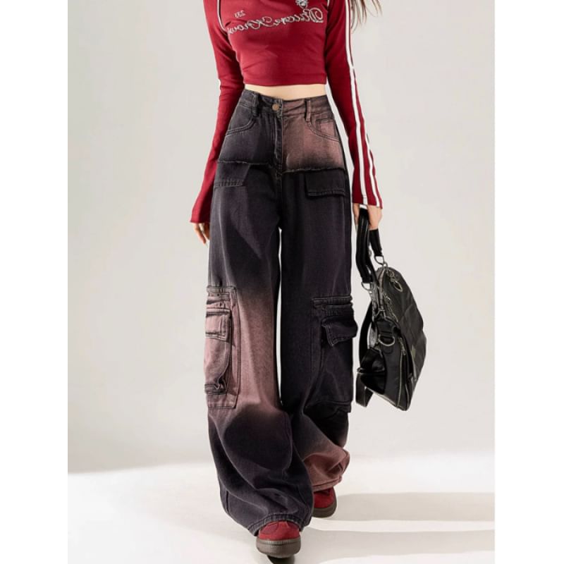 Vhancy - High Waist Washed Patchwork Cargo Jeans met Wijde Pijpen