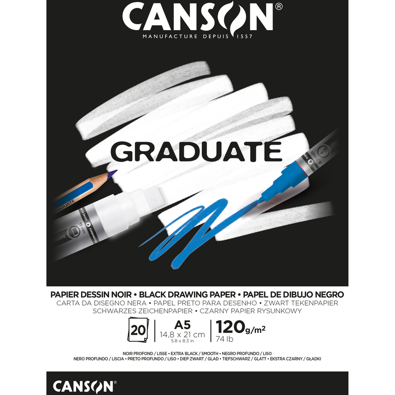 Canson Zeichenblock Graduate, schwarz, A5, blanco
