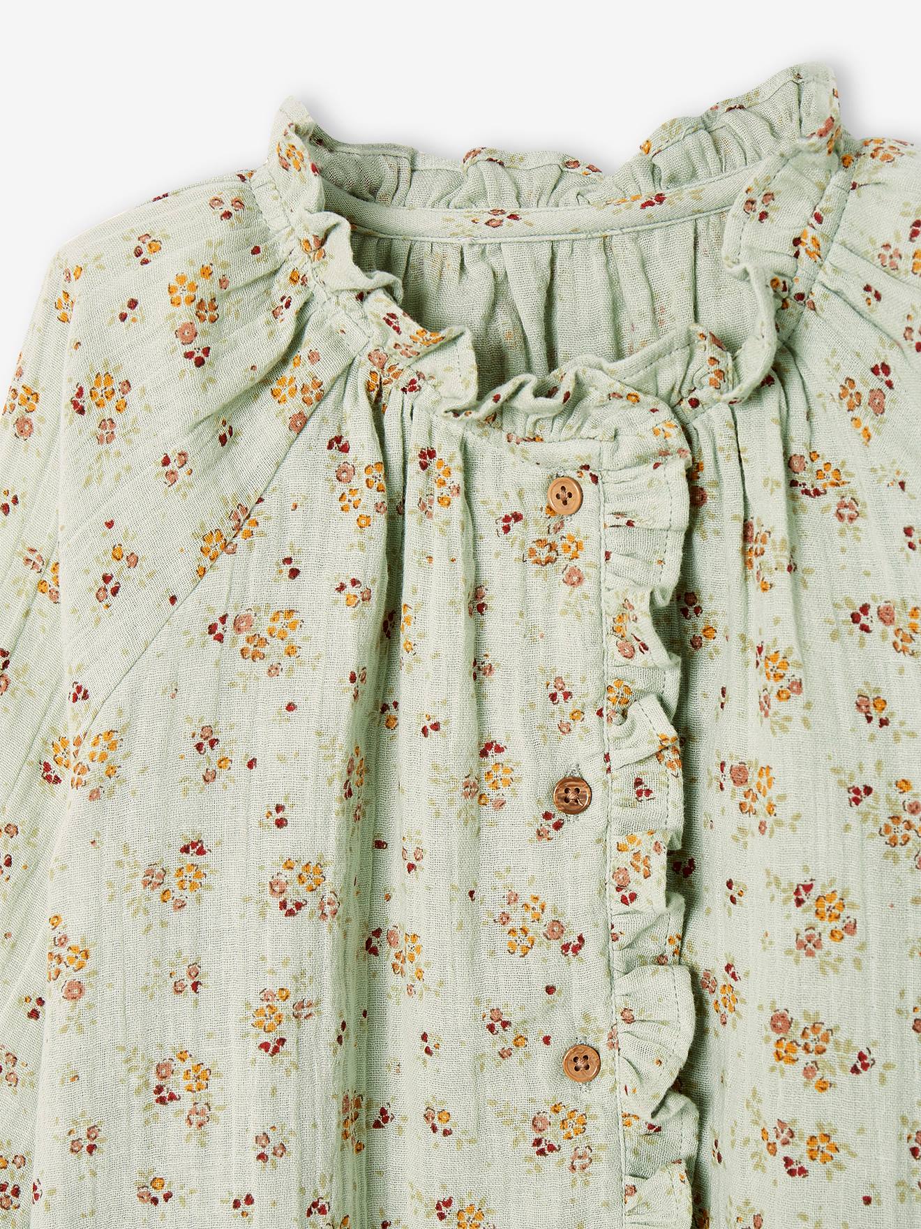 Blusa infantil de chiffon de algodão com babados e estampa floral, cor terracota personalizável.