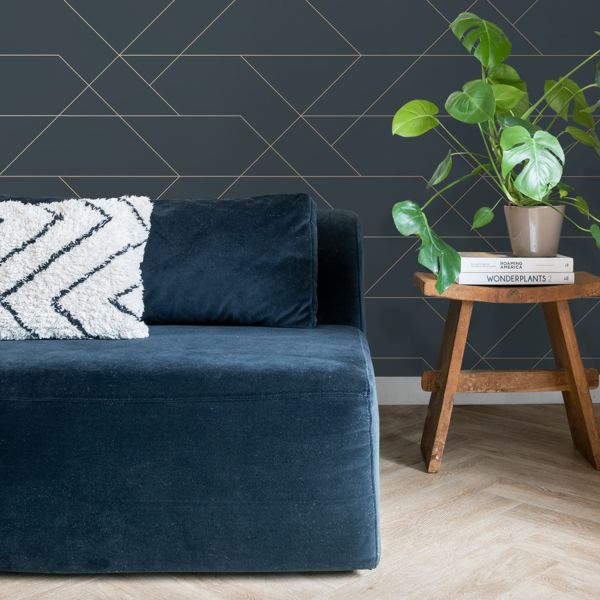 Estahome Grafische Lijnen II - 0,53 x 10,05 m - Donkerblauw / Goud