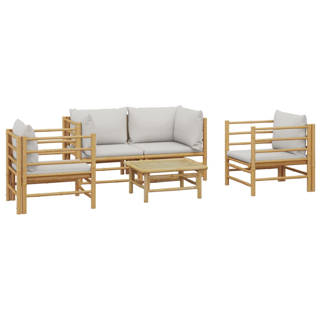 Salon de jardin meuble d'extérieur ensemble de mobilier 5 pièces avec coussins gris clair bambou