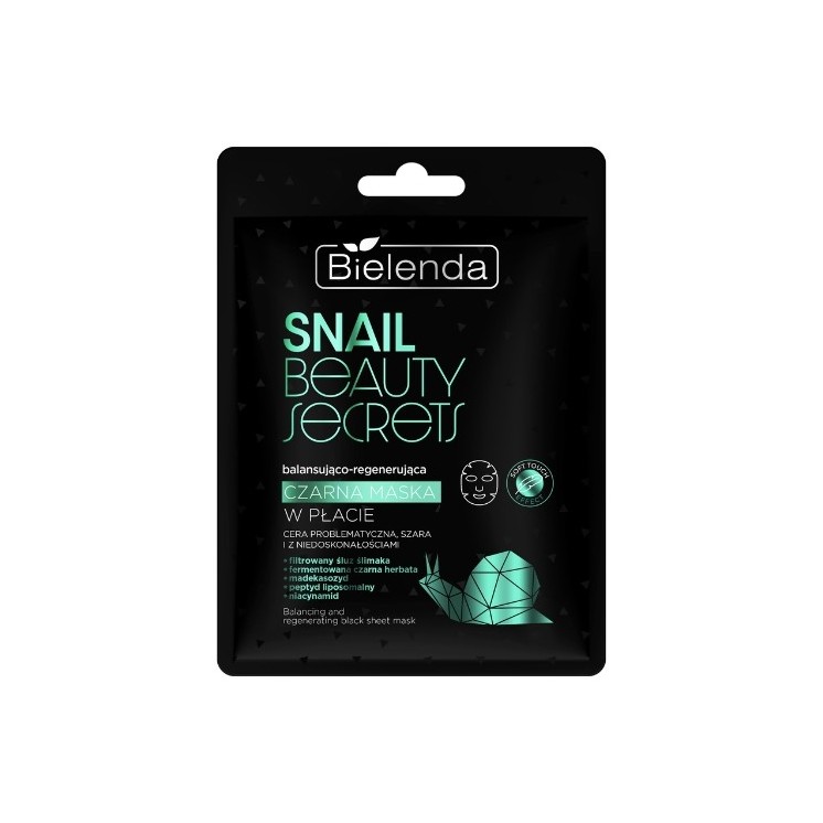 Bielenda SNAIL BEAUTY SECRETS Ausgleichende und regenerierende schwarze Blattmaske mit gefiltertem Schneckenschleim, 1 Stück