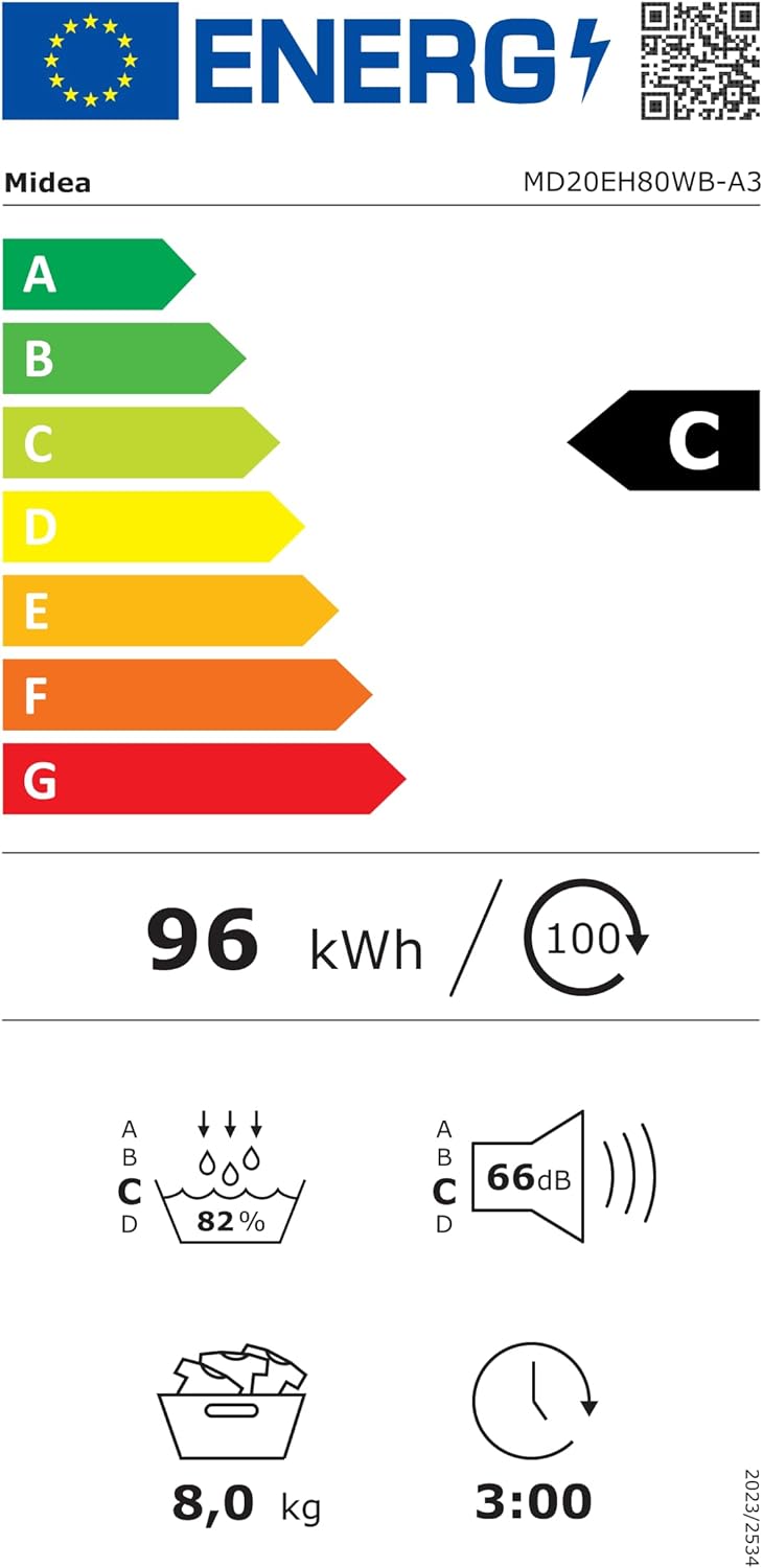 Midea MD20EH80WB-A3 Wärmepumpentrockner, 8 kg, Energieklasse C, UV Hygience, Knitterschutz, Sanfte Pflege, Auto Dry, Wollpflege, Auffrischen, Fernsteuerung, Startzeitvorwahl, Weiß
