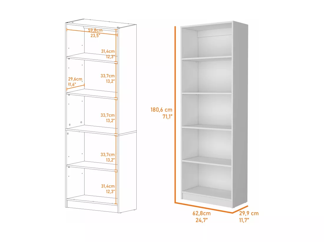 Rayonnage droit 4R Home en Mélamine avec 5 étagères, 180.59 cm X 62.73 cm X 29.71 cm , Blanc
