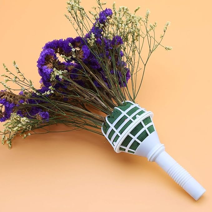 (6er Set) Ø8x18cm Blumenstrauss Halter DIY Steckmoos Floristik Bouquet Brautstrauss Griff für Hochzeiten - Weiss
