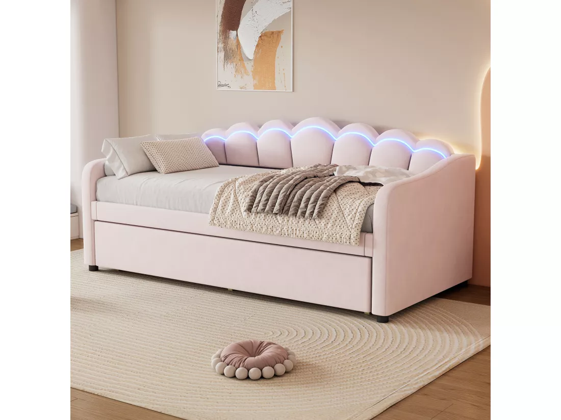 Lit banquette 90x200cm avec LED + lit gigogne 90x190cm - rembourré en tissu velours - Rose (matelas non inclus)