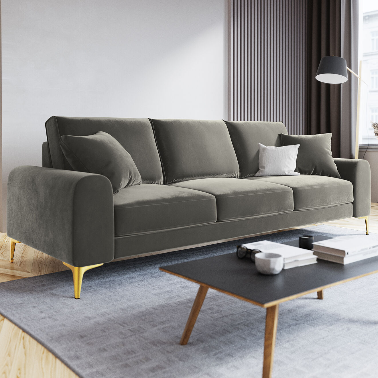 Mazzini Sofas Canapé 3 places velours madara gris - 222x102x90 cm